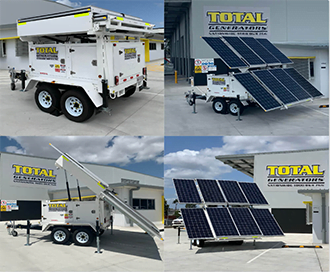 Different angles of towable hybrid solar generator unit