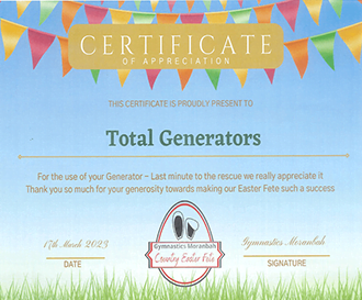 Appreciation certificate to Total Generators from Moranbah gymnastics during Easter Fete event